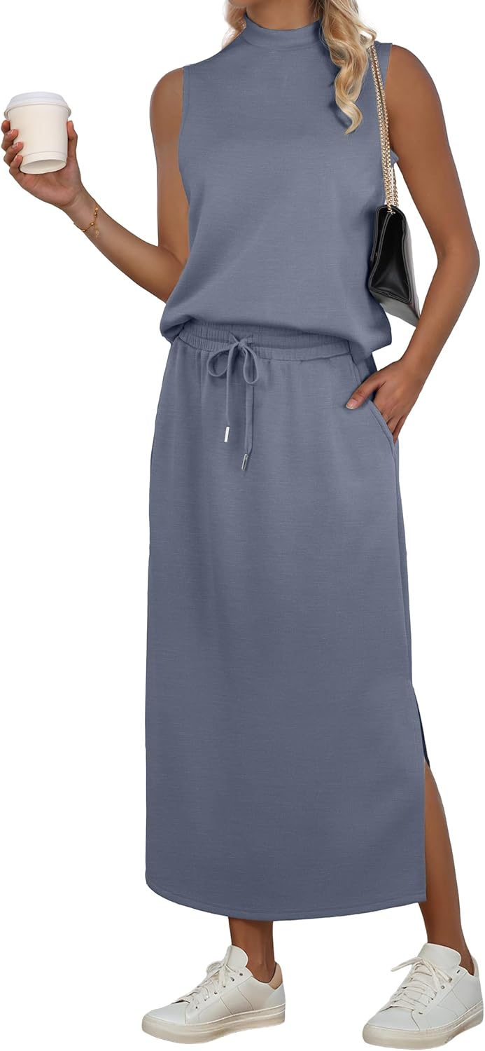 GRECERELLE Two Piece Skirt Sets for Women Summer Outfits with Pockets Lounge Sets Mock Neck Tops Split Maxi Skirt