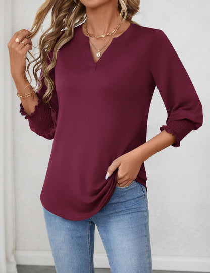 LOMON Blouses for Women Dressy Casual 3/4 Sleeve Tops for Women V Neck T Shirt Ladies Tops and Blouses Orange Blue Print L