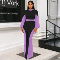 WXN Two Piece Sets for Women Going Out Long Flared Sleeve Colorblock Crop Top Wide Pants Set Brunch Outfits