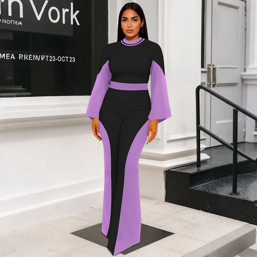 WXN Two Piece Sets for Women Going Out Long Flared Sleeve Colorblock Crop Top Wide Pants Set Brunch Outfits