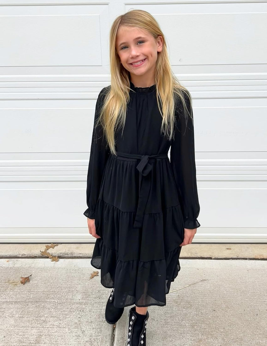Arshiner Girls Long Sleeve Dress Tween Fall Formal Party Holiday Midi Tiered Flowy Swing Dresses with Belt 5-13 Y