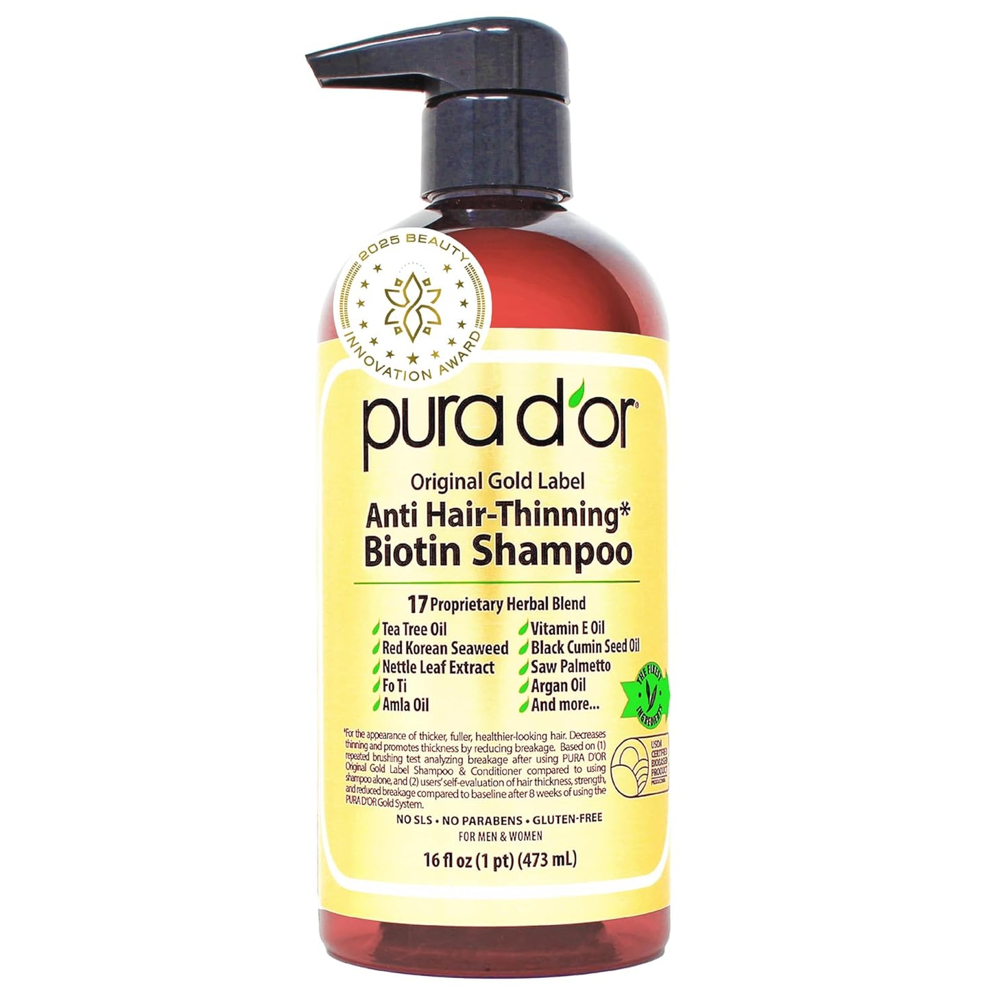 PURA D'OR Original Gold Label Anti-Thinning Shampoo – CLINICALLY TESTED Botanical Formula – Biotin & Argan Oil – Sulfate-Free Strengthening & Volumizing for Fuller-Looking Hair, Men & Women, 16 fl oz