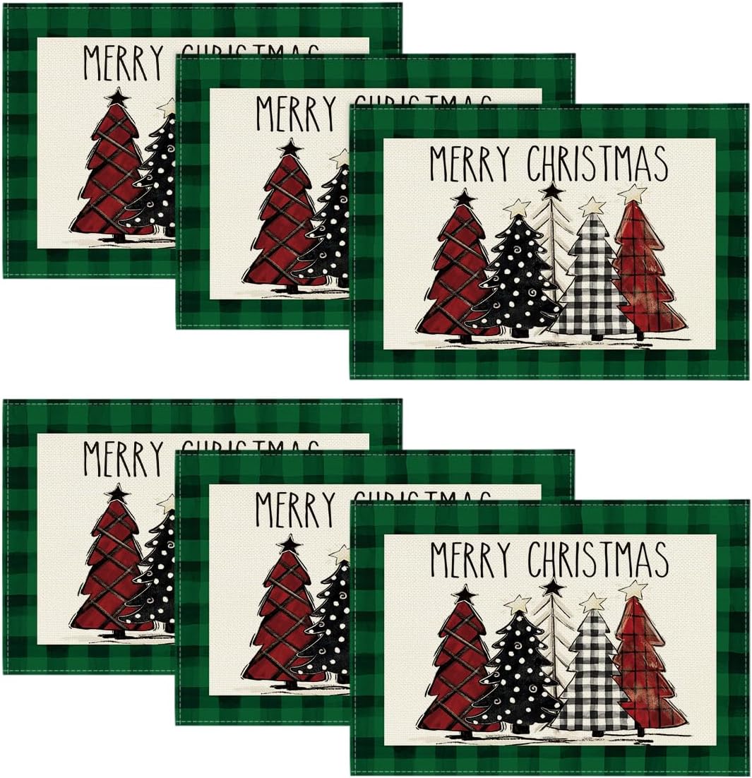 Artoid Mode Waterclor Buffalo Plaid Christmas Trees Placemats Set of 4, 12x18 Inch Winter Table Mats for Outdoor Home Party Kitchen Dining Decor