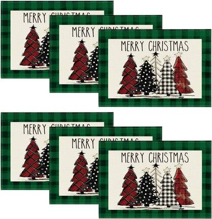 Artoid Mode Waterclor Buffalo Plaid Christmas Trees Placemats Set of 4, 12x18 Inch Winter Table Mats for Outdoor Home Party Kitchen Dining Decor