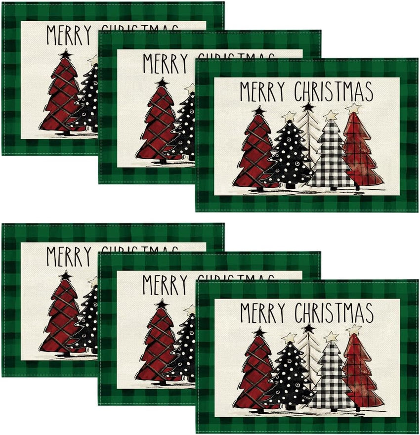 Artoid Mode Waterclor Buffalo Plaid Christmas Trees Placemats Set of 4, 12x18 Inch Winter Table Mats for Outdoor Home Party Kitchen Dining Decor