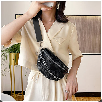 Thick Chain Women's Fanny Pack Plaid leather Waist Bag Shoulder Crossbody Chest Bags Luxury Designer Handbags Female Belt Bag