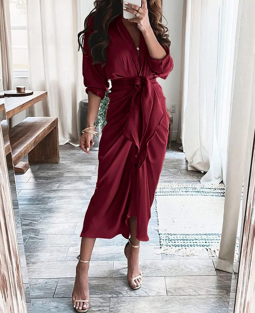 BTFBM Summer Dresses for Women 2025 Long Sleeve Lapel V Neck Button Down Elegant Belted Ruched Satin Shirt Fall Dress