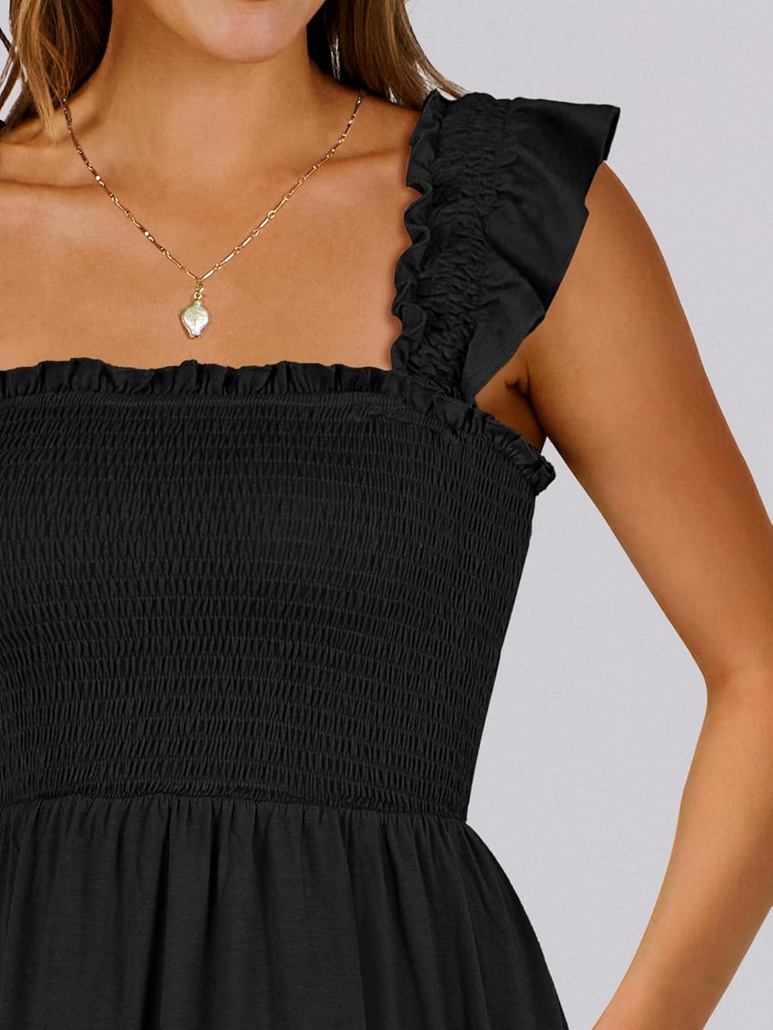 ANRABESS Women's Summer Casual Sleeveless Square Neck Dress 2025 Smocked Ruffle Backless Boho Beach Cute Teen Short Sundress