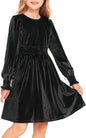 Arshiner Girls Long Sleeve Dress Velvet Crew Neck Midi Fall Vintage Plain Dress for Kids 4-13Y