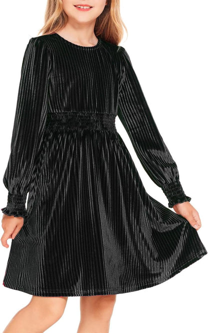 Arshiner Girls Long Sleeve Dress Velvet Crew Neck Midi Fall Vintage Plain Dress for Kids 4-13Y