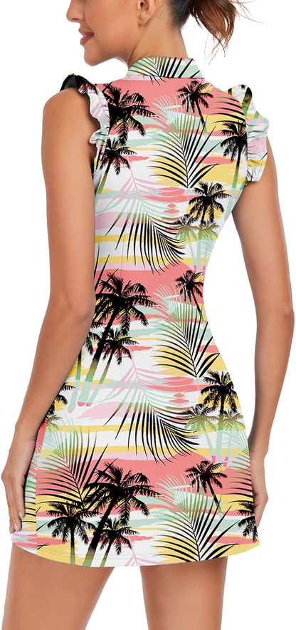 WOWENY Tennis Dress Polo Buttons Golf Dresses with Built in Shorts and Pockets Ruffle Sleeveless Athletic Workout Dress