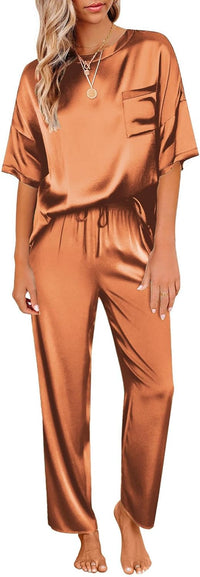 Ekouaer Womens Satin Silky Pajama Set Short Sleeve Shirt with Long Pajama Pant Set Soft PJ Loungewear