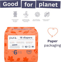 Pura Size 6 Eco-Friendly Diapers (29+ lbs) Hypoallergenic, Soft Organic Cotton, Sustainable, up to 12 Hours Leak Protection, Allergy UK, Recyclable Paper Packaging, 18 Count (Pack of 3) (54 Diapers)