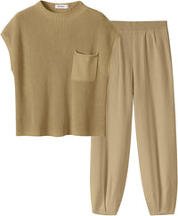 ANRABESS Women's Two Piece Outfits Knit Sweater Vest Crop Top Pants Lounge Matching Tracksuit Sweatsuit Travel Clothes Sets