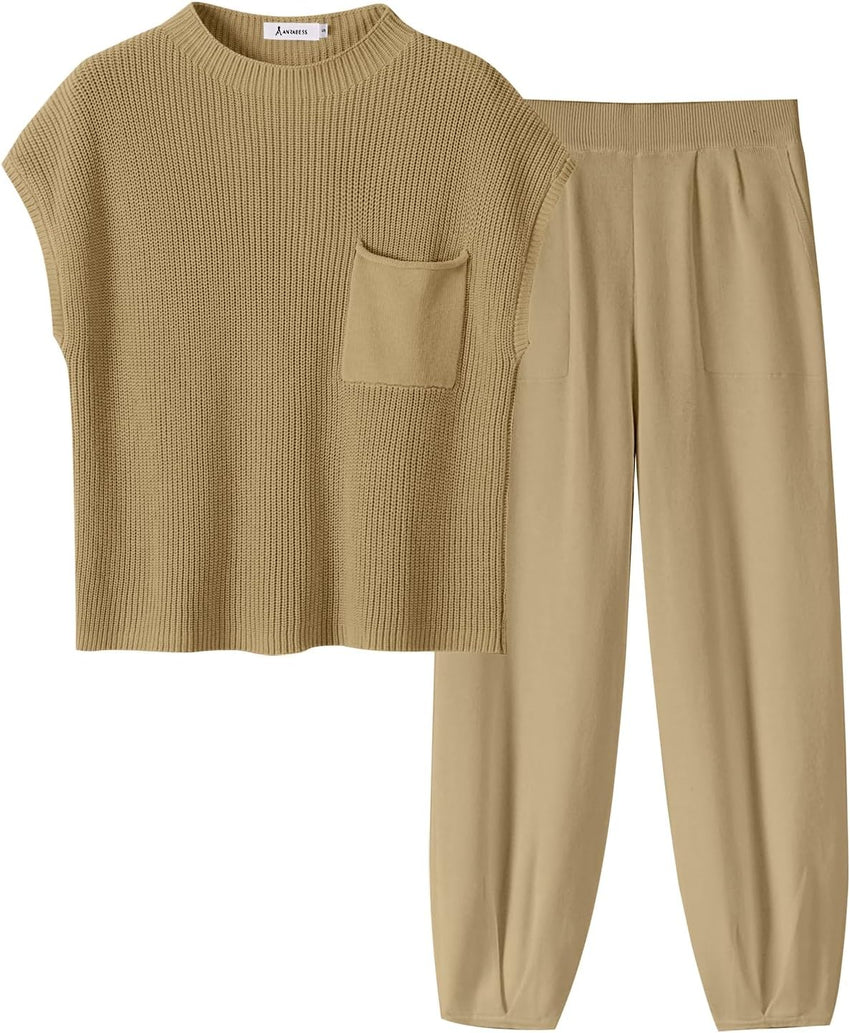 ANRABESS Women's Two Piece Outfits Knit Sweater Vest Crop Top Pants Lounge Matching Tracksuit Sweatsuit Travel Clothes Sets