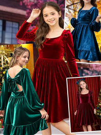 Girls Christmas Dress Fall Velvet Tie Back Long Sleeve Elegant Party Gifts for Outfits Kids Teen Winter Dresses