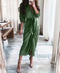 BTFBM Summer Dresses for Women 2025 Long Sleeve Lapel V Neck Button Down Elegant Belted Ruched Satin Shirt Fall Dress