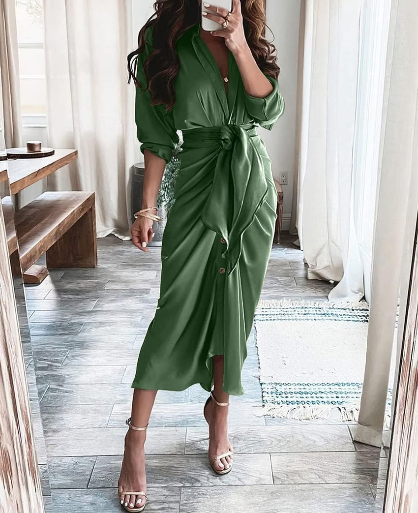 BTFBM Summer Dresses for Women 2025 Long Sleeve Lapel V Neck Button Down Elegant Belted Ruched Satin Shirt Fall Dress