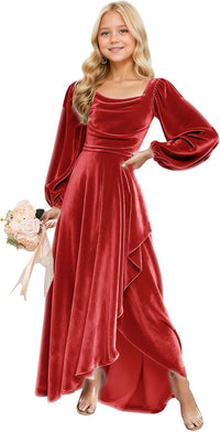 Long Sleeve Junior Bridesmaid Dresses Velvet Flower Girl Dress for Wedding Party Pageant Gown with Ruffle