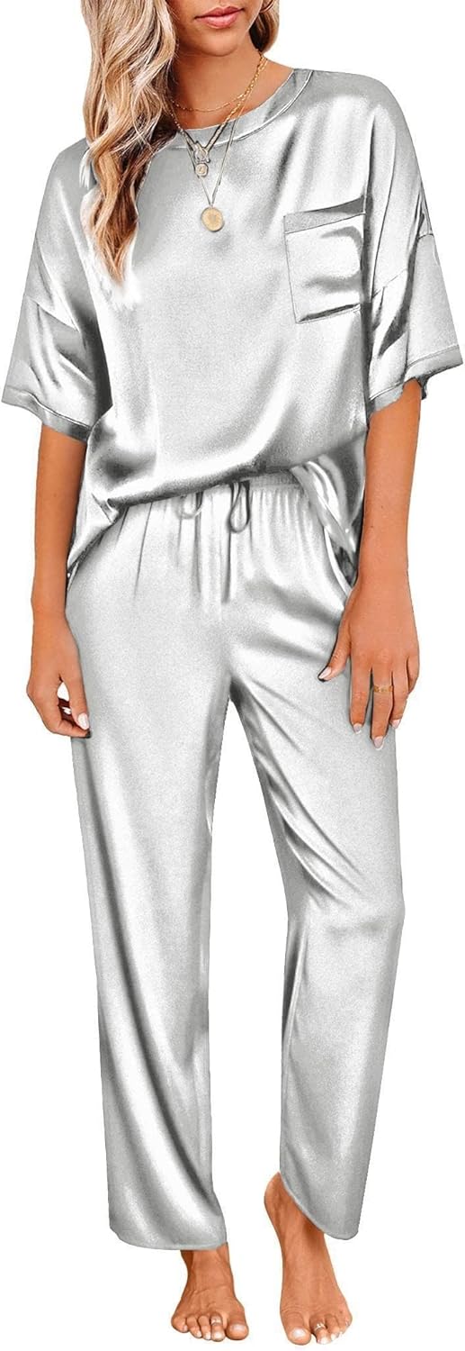 Ekouaer Womens Satin Silky Pajama Set Short Sleeve Shirt with Long Pajama Pant Set Soft PJ Loungewear