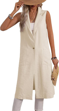 Mina Self 2025 Summer Sleeveless Long Linen Blazers Jacket Women Lightweight Fashion Casual Work Outerwear with Pockets