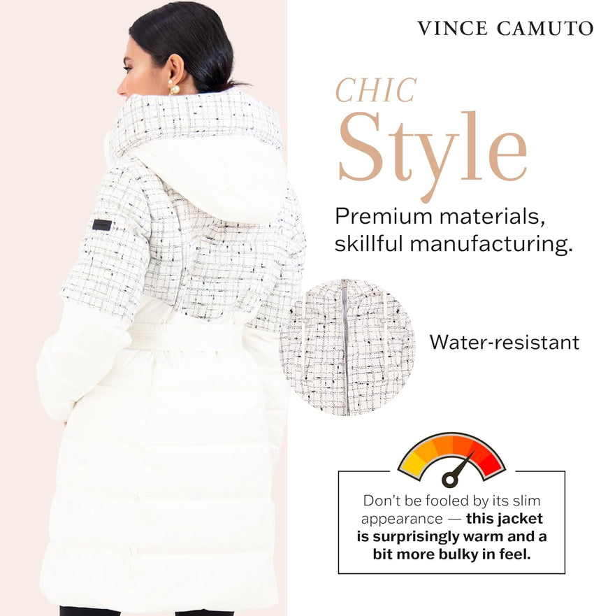 Vince Camuto Hooded Women's Puffer Jacket Womens Winter Coat with Removable Belt