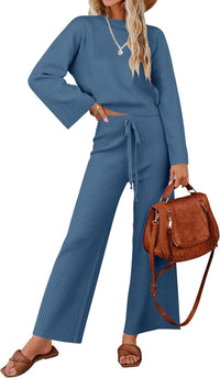 ZESICA Women's 2 Piece Outfits Set 2025 Casual Long Sleeve Knit Pullover Top and Wide Leg Pants Sweatsuit Lounge Sets