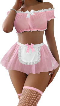 Sexy Stockings Mini Skirt Mesh Sheer Lace Halloween Costume Maid Outfit Lingerie with Thong Set 4 Piece