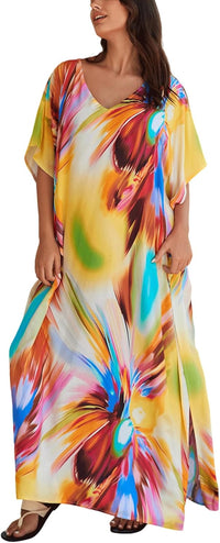 Women's Plus Size Loose Fit Moroccan Print V-Neck Batwing Kaftan Beach Dress Bathing Suit Cover Up