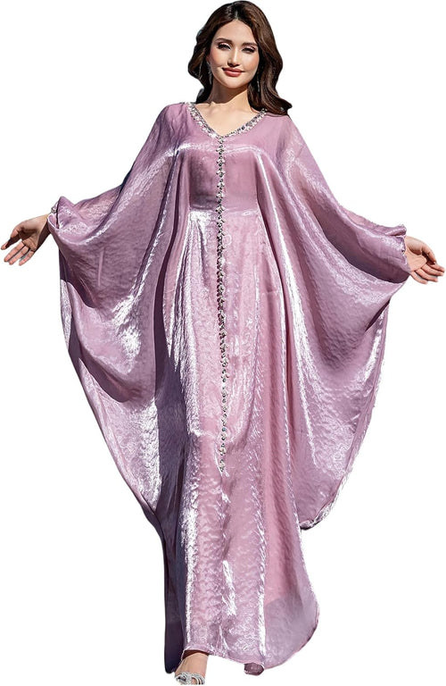 Elegant Butterfly Shine Abaya Dress, Dusty Rose, V-Neck Muslim Dress with Crystal Hand Beading, Kaftan Style, One-Size