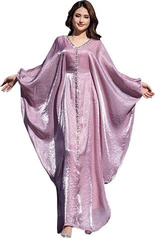 Elegant Butterfly Shine Abaya Dress, Dusty Rose, V-Neck Muslim Dress with Crystal Hand Beading, Kaftan Style, One-Size