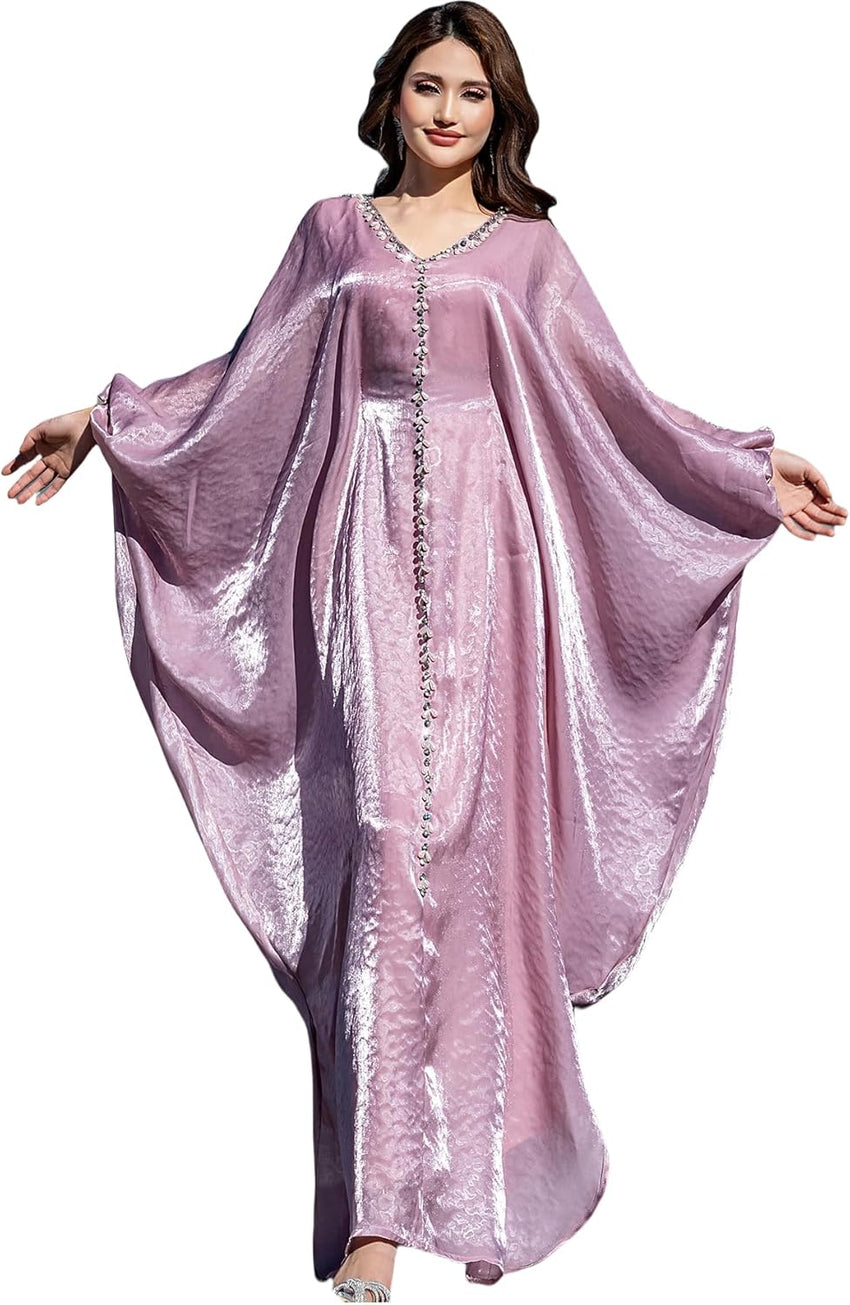 Elegant Butterfly Shine Abaya Dress, Dusty Rose, V-Neck Muslim Dress with Crystal Hand Beading, Kaftan Style, One-Size