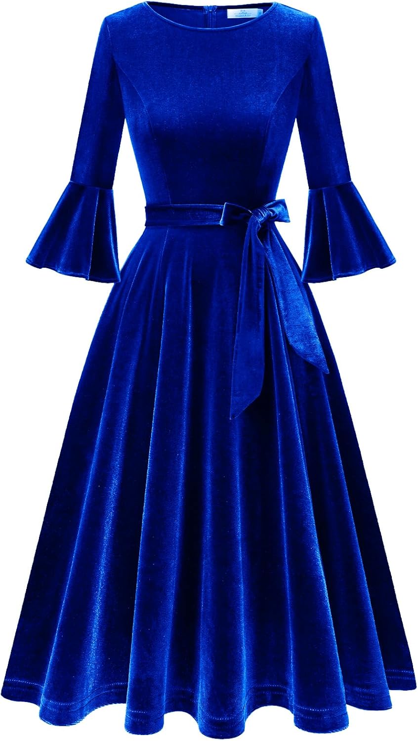 HomRain Women's Long Sleeve Velvet Midi Dresses for Wedding Guest Church Formal Winter Christmas Cocktail Party