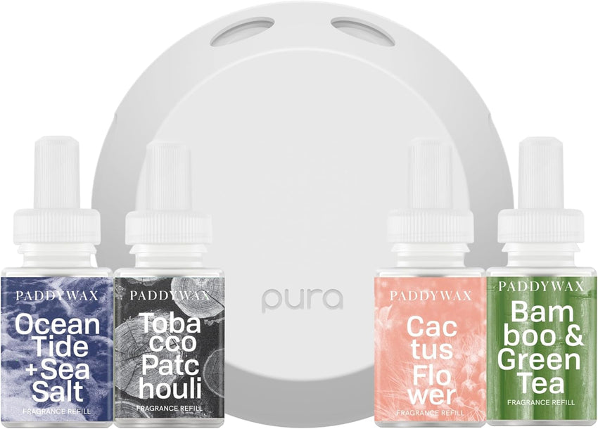 Pura 4 Smart Home Fragrance Device Starter Set - Scent Diffuser for Home- Linens & Surf, Lavender Fields, White Tea No. 1, Yuzu Citron Scent