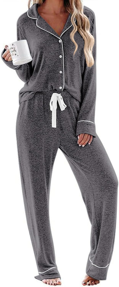 Ekouaer Women's Pajamas Long Sleeve Sleepwear Casual Button Down Loungewear Soft Pjs Set S-XXL