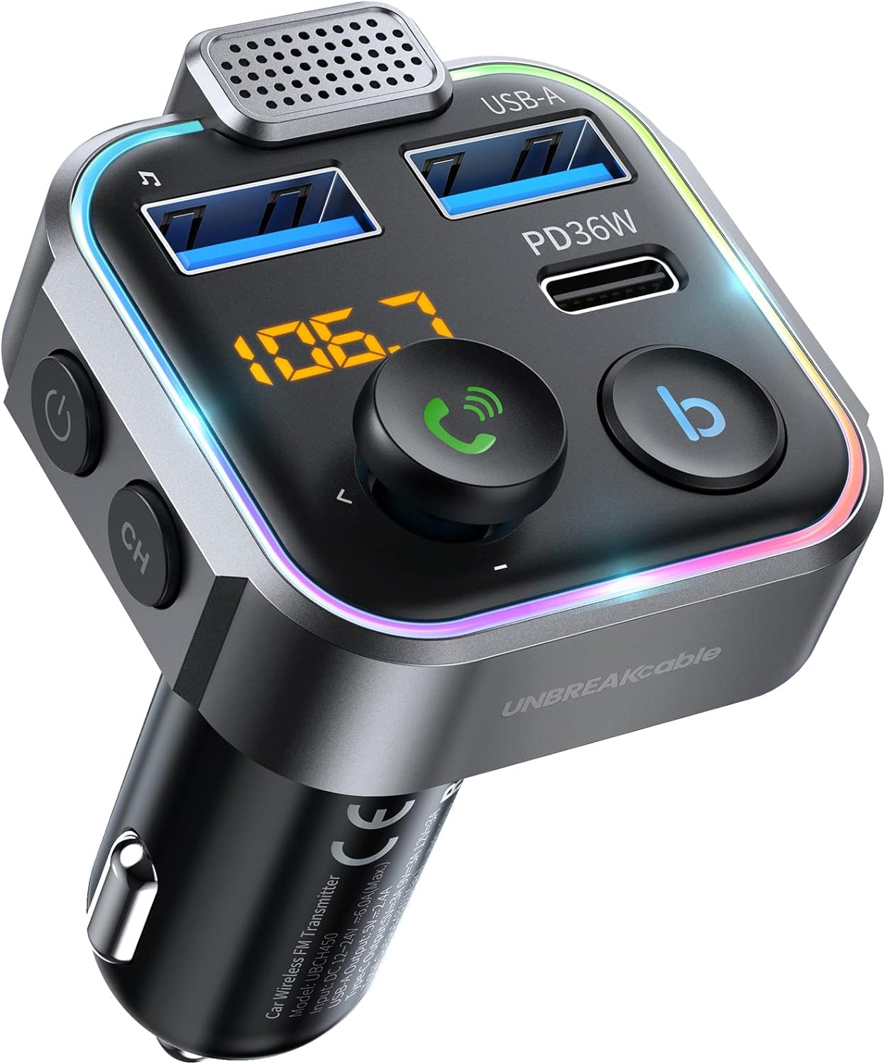 UNBREAKcable Bluetooth 5.3 FM Transmitter for Car, [PD 20W + QC 3.0] [Stronger Microphone & HiFi Bass Sound] Cigarette Lighter Radio Music Adapter Charger, Supports Hands-Free Siri Google Assistant
