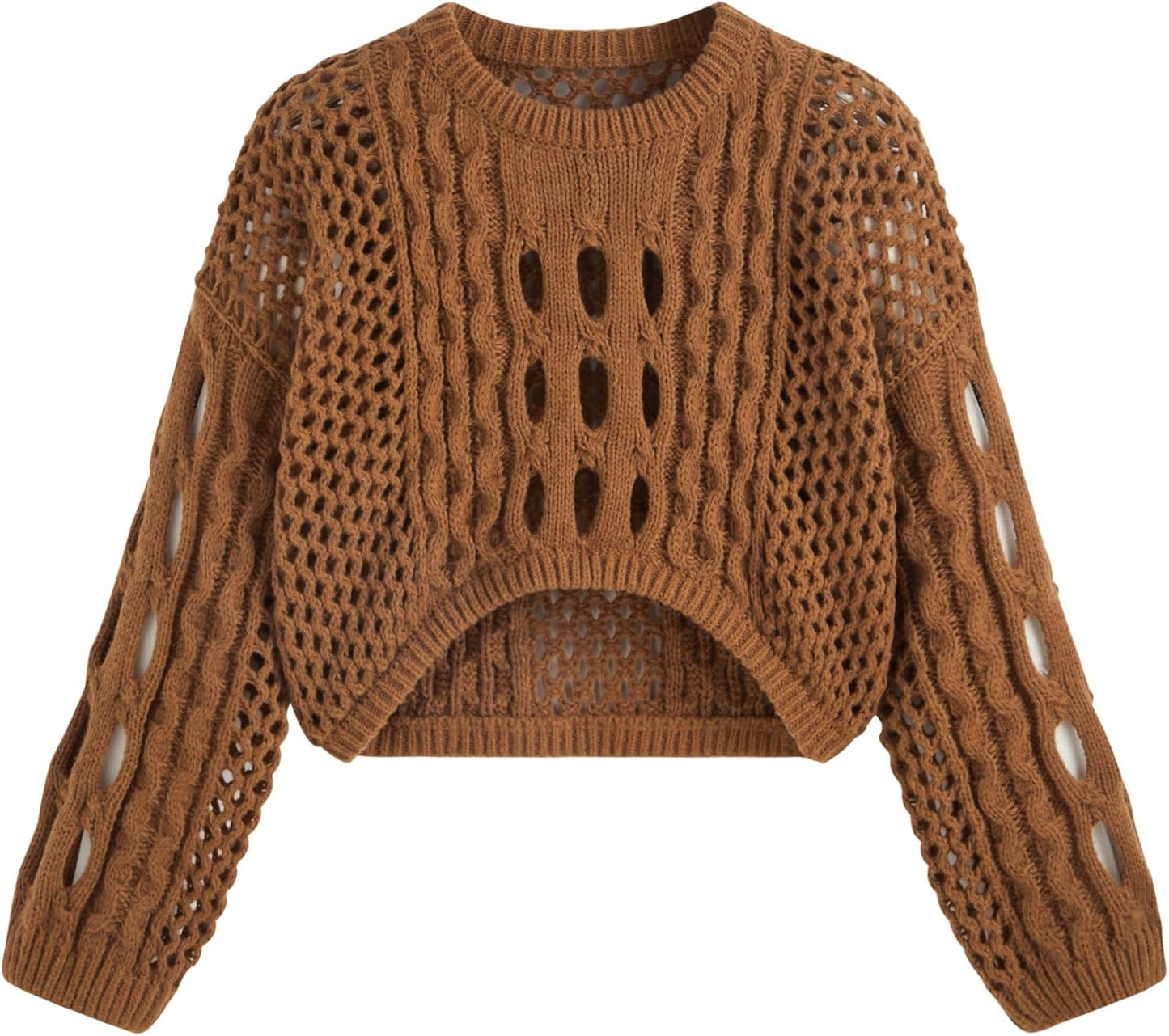 CIDER Cropped Sweaters for Women Knit Round Neckline Hollow Out Long Sleeve Crop Top Sweaters