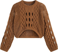 CIDER Cropped Sweaters for Women Knit Round Neckline Hollow Out Long Sleeve Crop Top Sweaters