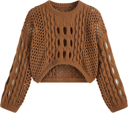 CIDER Cropped Sweaters for Women Knit Round Neckline Hollow Out Long Sleeve Crop Top Sweaters