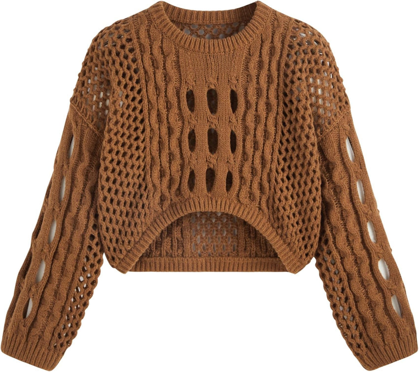 CIDER Cropped Sweaters for Women Knit Round Neckline Hollow Out Long Sleeve Crop Top Sweaters