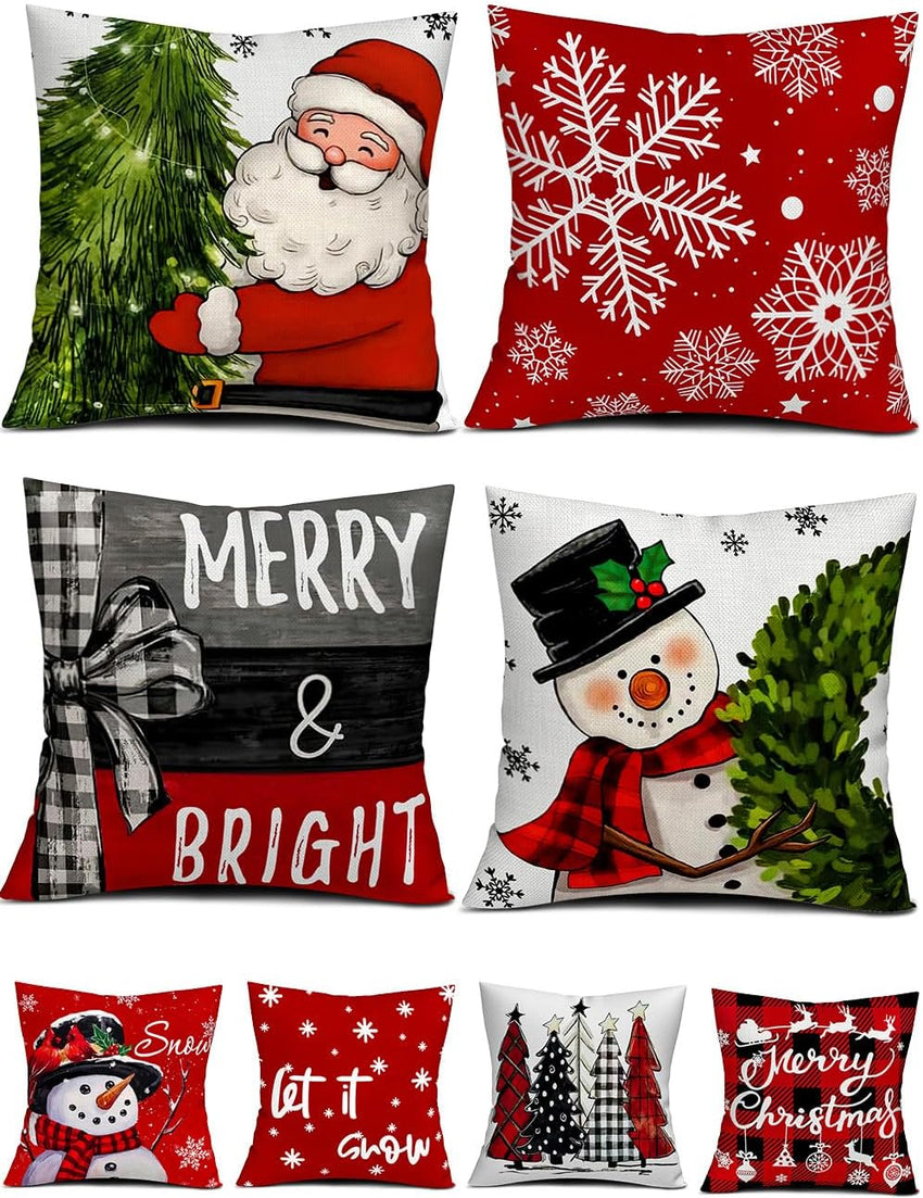 Christmas Decorations Set of 4 Double-Sided Print Christmas Pillow Covers 18" x 18", with 8 Cute Patterns, Throw Pillow Covers Perfect for Home Christmas Decor