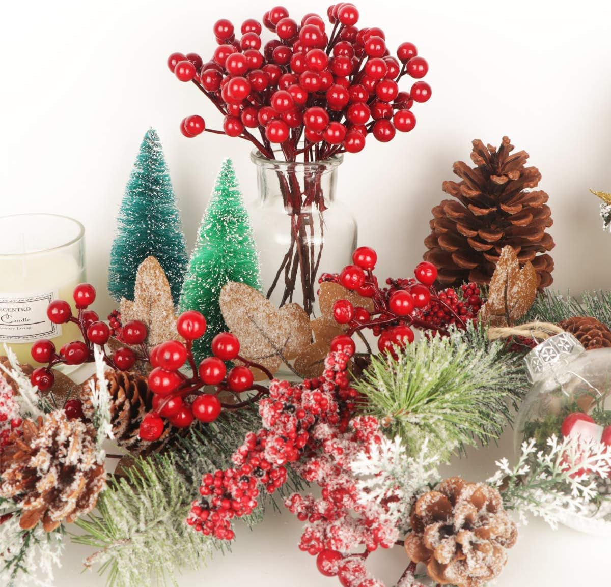 Fangoo 20 Pack 7 Inch Artificial Red Berry Picks for Christmas Tree Burgundy Red Berries Stems Holly Berry Branches Ornaments Wreath Crafts Wedding Holiday Season Winter Home Decor