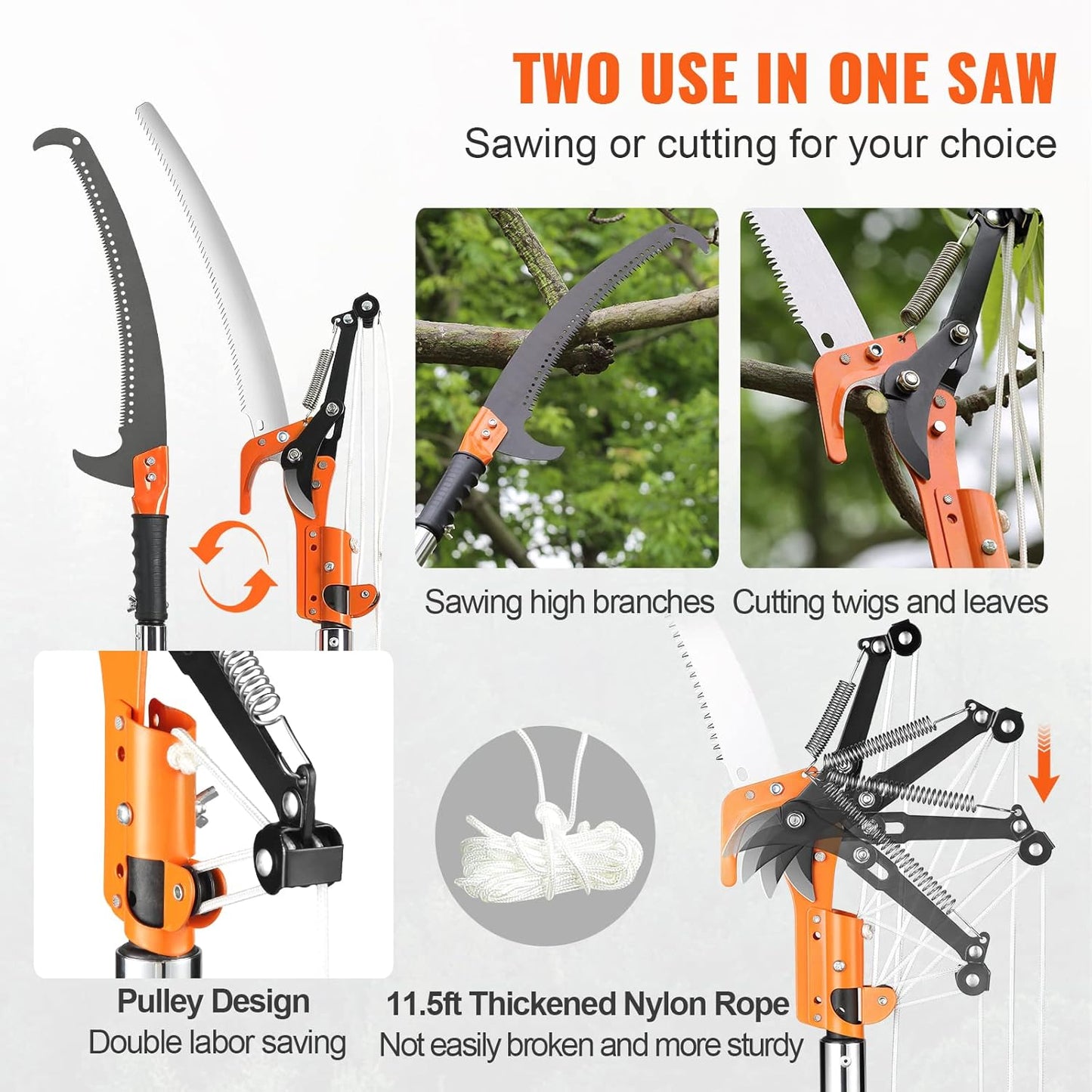 VEVOR Manual Pole Saw, 7.3-27 ft Extendable Tree Pruner, Sharp Steel Blade and Scissors High Branches Trimming, Branch Trimmer with Lightweight 8 Fiberglass Handles, for Pruning Palms and Shrubs