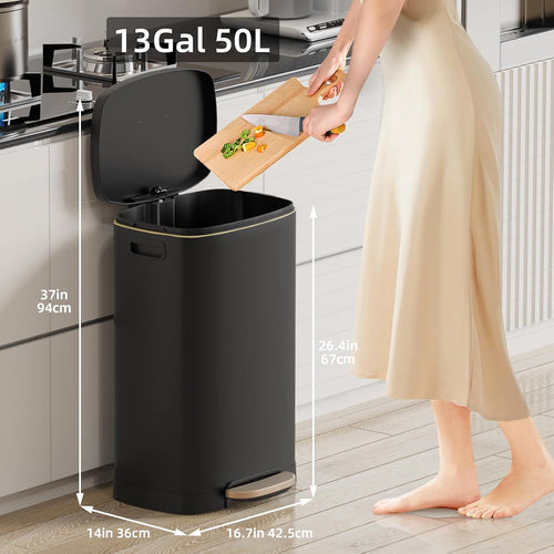 KUK 13 Gallon Kitchen Trash Can with Lid, 50L/13Gal Office Step Garbage Can for Home, Kitchen, Laundry Room, Office, Brushed Stainless Steel, Black