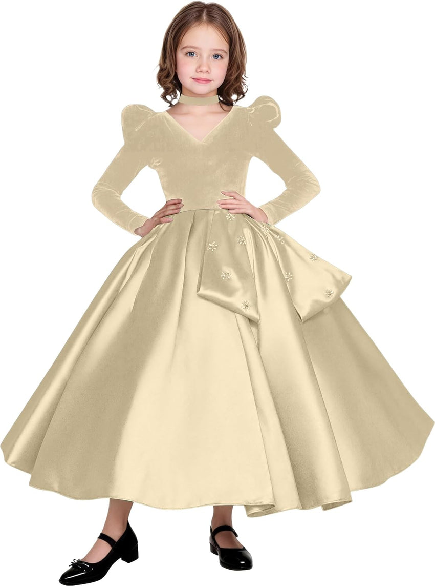 Long Sleeve Velvet Flower Girl Dresses A Line Crystal Satin Formal Dresses for Christmas