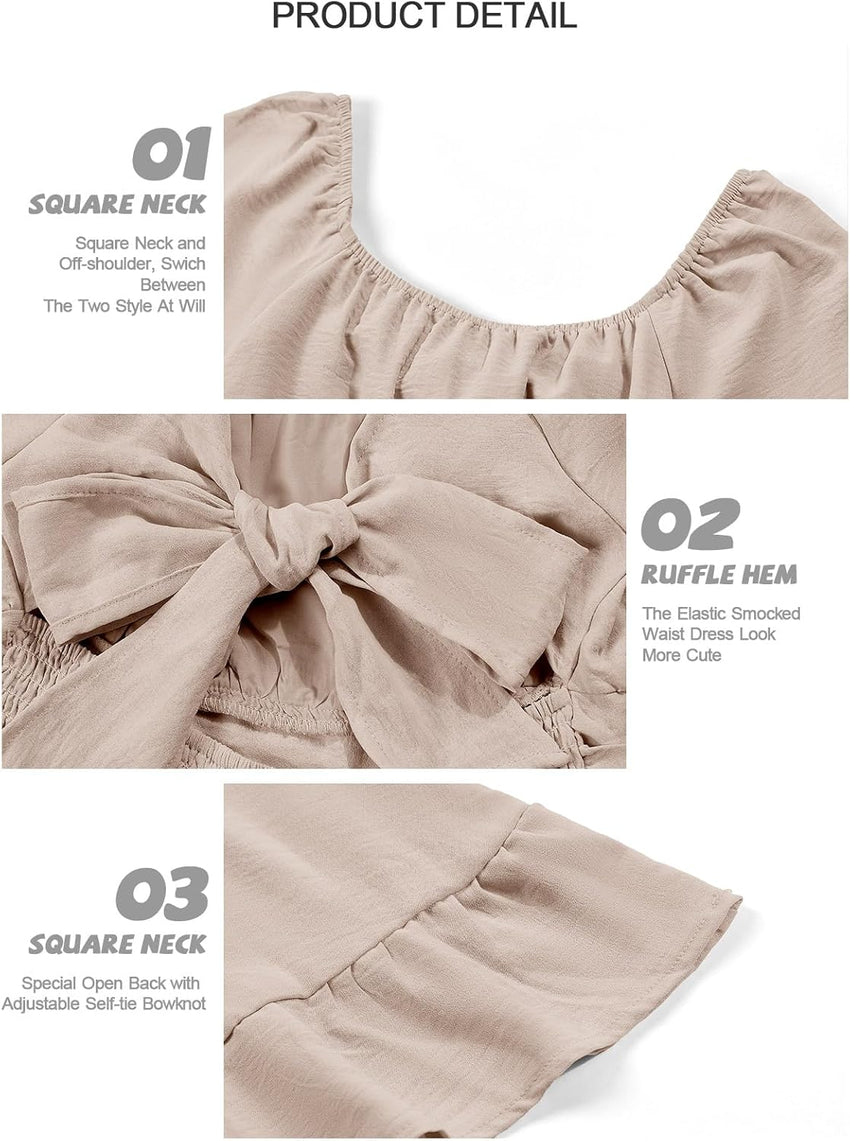 Batermoon Girls Long Sleeve Tie Back Dress Kids Fall Square Neck A-Line Mini Dresses 5-14 Years