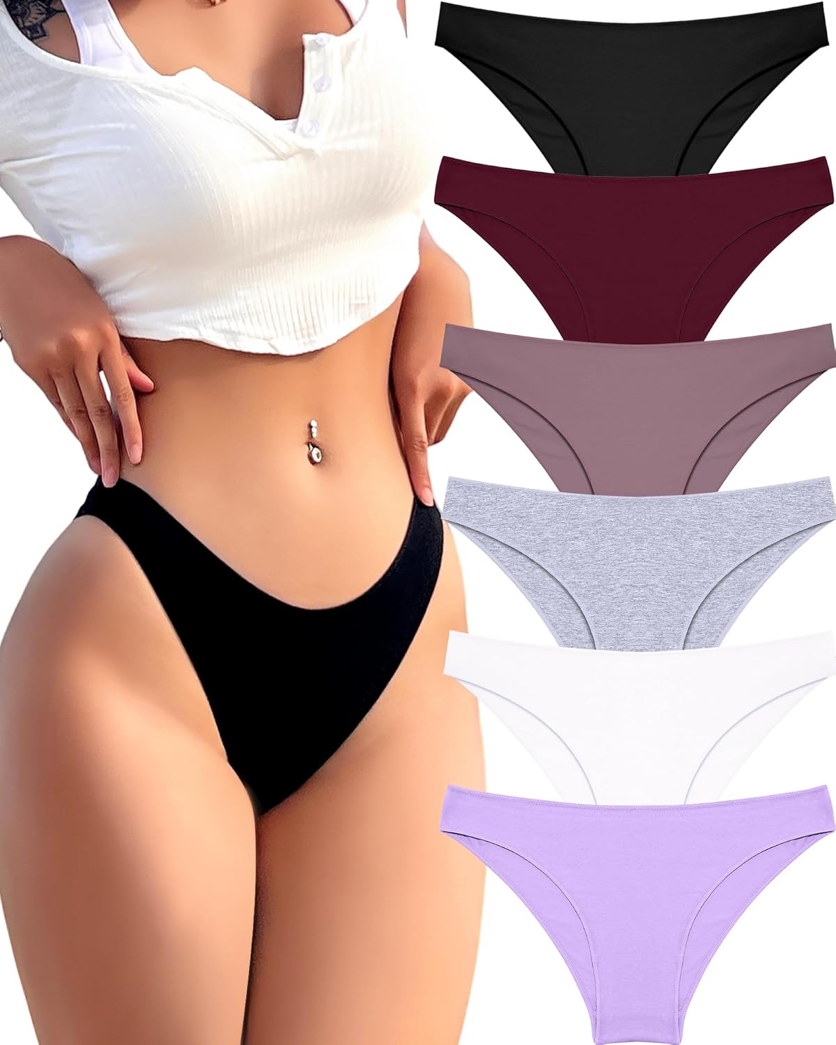 6 Pack Cotton Underwear for Women Cute Low Rise Bikini Panties High Cut Breathable Sexy Hipster Womens Cheeky S-XL