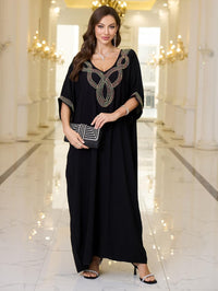 Women V Neck Embroidery Kaftan Dress Loose Casual Beach Cover Up Long Caftans Maxi Dresses