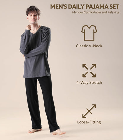DAVID ARCHY Men's Pajamas Set Soft Cotton Long Sleeve Sleepwear Comfy Loungewear Pjs with Pockets