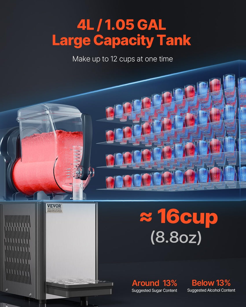 VEVOR Commercial Slushy Machine, 4L Single Tank Frozen Drink Machine, 16 Cups Stainless Steel Margarita Smoothie Frozen Drink Maker, Slushie Maker for Home Party Restaurants Cafe Bars